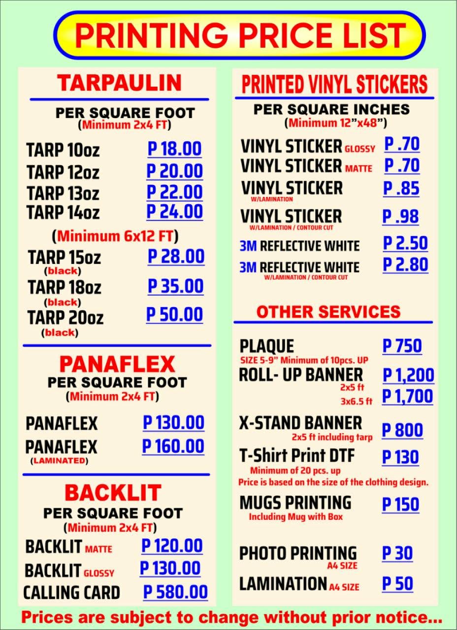 Printing Price List