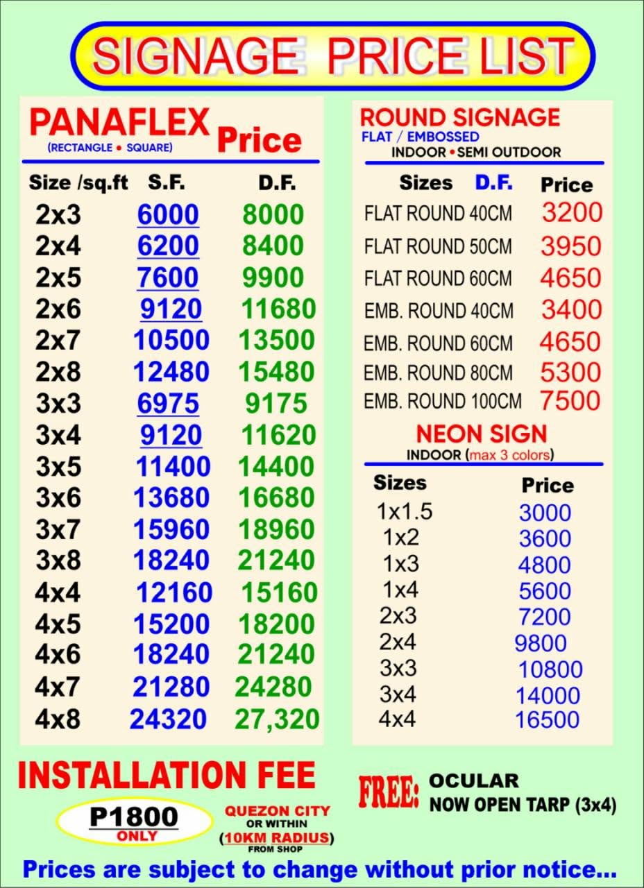 Signage Price List